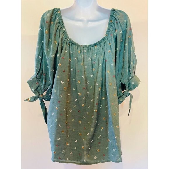 Lauren Conrad Top Shirt Peasant  Women’s  Size XXL Flower Butterfly Green Boho - Picture 7 of 10